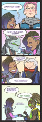 Rule 34 | 2girls, 3boys, 4koma, a-ka, alternate language, asymmetrical hair, beard, bodysuit, comic, cyborg, dark-skinned female, dark-skinned male, dark skin, dreadlocks, earrings, english text, eyeshadow, facial hair, finger to another&#039;s nose, genji (overwatch), gloves, green eyes, hard-translated, highres, jacket, jewelry, lipstick, long hair, lucio (overwatch), makeup, mask, mole, mole under eye, mouth mask, multicolored hair, multiple boys, multiple girls, overwatch, overwatch 1, pink hair, poking nose, purple eyes, purple hair, scar, scar across eye, scar on face, short hair, sidecut, smile, soldier: 76 (overwatch), sombra (overwatch), tattoo, third-party edit, translated, two-tone hair, undercut, visor, white hair, zarya (overwatch)
