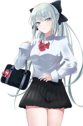 Rule 34 | 1girl, absurdres, alternate costume, bag, baobhan sith (fate), black bag, black bow, black skirt, blue eyes, bow, bowtie, braid, character doll, collared shirt, contemporary, fate/grand order, fate (series), french braid, grey hair, hair bow, highres, long hair, long sleeves, looking at viewer, miniskirt, morgan le fay (fate), nigori (keydoor), pleated skirt, ponytail, red bow, red bowtie, school bag, school uniform, shirt, simple background, skirt, sleeves past wrists, solo, uniform, very long hair, white background