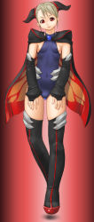 Rule 34 | 1girl, areola slip, boots, breasts, cape, elbow gloves, fingerless gloves, gloves, gradient background, head tilt, leotard, looking at viewer, makochin, original, red eyes, simple background, small areolae, small breasts, solo, thigh boots, thighhighs