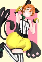 Rule 34 | 1girl, absurdres, animal ears, artist name, artist request, back bow, bare shoulders, black bow, black footwear, black ribbon, blue eyes, blush, boots, bow, bowtie, breasts, cat ears, cat tail, choker, clenched hands, collarbone, dress, fake animal ears, female focus, fingerless gloves, flower, gloves, green bow, green choker, green eyes, hair between eyes, hair bow, hair flower, hair ornament, highres, hoshizora rin, looking at viewer, love live!, love live! school idol festival, love live! school idol project, medium breasts, one eye closed, orange hair, pants, paw pose, puffy shorts, red flower, ribbon, ribbon choker, sash, shoes, short hair, shorts, smile, solo, standing, standing on one leg, striped clothes, striped dress, striped thighhighs, tail, thighhighs, vertical-striped clothes, vertical-striped dress, vertical-striped thighhighs, wrist bow, wrist ribbon, yellow eyes, yellow gloves, yellow pants, yellow shorts, yukigorilla