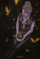 Rule 34 | 1girl, artist name, baldur&#039;s gate, baldur&#039;s gate 3, black pants, black shirt, blonde hair, blurry, breasts, brown background, bug, butterfly, closed eyes, colored skin, commentary, dark elf, depth of field, dice, dungeons &amp; dragons, elf, english commentary, expressionless, feet out of frame, from above, hair bun, highres, holding, holding dice, insect, medium breasts, minthara, own hands together, pants, pointy ears, purple skin, shirt, short hair, single hair bun, sitting, solo, yellow butterfly, yuxingart