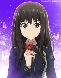 Rule 34 | 1girl, black hair, blue jacket, bug, butterfly, closed mouth, collared shirt, facing viewer, flower, gradient background, green ribbon, hanzou, highres, holding, holding flower, inoue takina, insect, jacket, long hair, lycoris recoil, neck ribbon, purple background, purple eyes, ribbon, shirt, solo, spider lily, white shirt