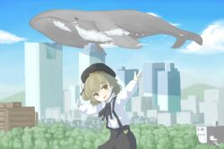 Rule 34 | 1girl, absurdres, animal, arms up, beret, black hat, black ribbon, black skirt, blue sky, brown eyes, brown hair, building, city, cityscape, cloud, commentary request, flower, flying whale, foliage, hair flower, hair ornament, hair ribbon, hat, hatoba tsugu, highres, leaning forward, looking at viewer, medium hair, mole, mole under eye, neck ribbon, open mouth, outdoors, outstretched arms, raised eyebrows, ribbon, shirt, skirt, sky, skyscraper, smile, solo, spread arms, suspender skirt, suspenders, testest, tsugu (vtuber), virtual youtuber, whale, white flower, white shirt