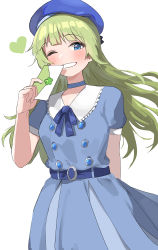 Rule 34 | 1girl, ;d, absurdres, aqua eyes, arm behind back, beret, blue choker, blue dress, blue hat, blunt bangs, blush, choker, collarbone, dress, envelope, green hair, hat, heart, highres, idolmaster, idolmaster million live!, idolmaster million live! theater days, long hair, looking at viewer, one eye closed, open mouth, pdal (pdalhhh), shimabara elena, simple background, smile, solo, white background