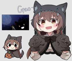 Rule 34 | 1girl, alternate costume, animal hands, black capelet, brown eyes, brown hair, candy, capelet, claws, dagger, ears through headwear, fang, food, full moon, gao, gloves, gyaheung, hair ornament, hairclip, halloween, halloween bucket, hololive, hololive english, knife, long hair, moon, multicolored hair, multiple views, nanashi mumei, paw gloves, ribbon, shirt, silhouette, smile, smol mumei, streaked hair, tail, very long hair, virtual youtuber, weapon, white shirt, wolf hood, wolf tail