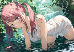 Rule 34 | 1girl, all fours, ass, bare shoulders, blush, breasts, covered erect nipples, dress, highres, kantoku, kurumi (kantoku), leaf, long hair, looking at viewer, original, outdoors, parted lips, pink eyes, pink hair, plant, purple eyes, see-through, solo, thighs, twintails, water, wet, wet clothes, white dress