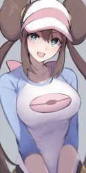 Rule 34 | 1girl, :d, blue background, blue eyes, blush, breasts, brown hair, collarbone, commentary request, creatures (company), double bun, game freak, hair between eyes, hair bun, impossible clothes, impossible shirt, large breasts, long hair, looking at viewer, mobu, nintendo, open mouth, pantyhose, poke ball symbol, pokemon, pokemon bw2, raglan sleeves, revision, rosa (pokemon), shirt, sidelocks, simple background, smile, solo, twintails, visor cap
