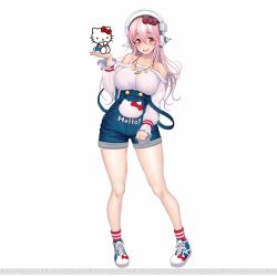 Rule 34 | 1girl, bare shoulders, blush, breasts, clothes writing, curvy, english text, female focus, full body, headphones, hello kitty, highres, holding, large breasts, legs, long hair, looking at viewer, nitroplus, official art, open mouth, pink hair, red eyes, sanrio, shoes, simple background, smile, solo, super sonico, teeth, text focus, thick thighs, thighhighs, thighs, tongue, tsuji santa, white background