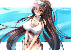 Rule 34 | 10s, bad id, bad pixiv id, blush, breasts, brown eyes, brown hair, cosplay, embarrassed, juurouta, kantai collection, large breasts, long hair, looking to the side, maru-yu (kancolle), maru-yu (kancolle) (cosplay), one-piece swimsuit, ponytail, solo, swimsuit, v arms, very long hair, wavy mouth, white one-piece swimsuit, yamato (kancolle)