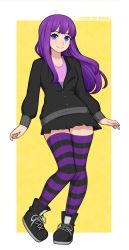 Rule 34 | 1girl, afrobull, ankle boots, arms at sides, black footwear, black jacket, black skirt, blue eyes, boots, border, closed mouth, commentary, english commentary, full body, highres, jacket, long hair, long sleeves, looking at viewer, miniskirt, mole, mole under eye, original, patreon username, pleated skirt, purple hair, purple shirt, shirt, simple background, skirt, smile, solo, striped clothes, striped thighhighs, thighhighs, watermark, web address, white border, yellow background, zettai ryouiki
