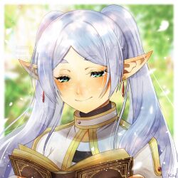 Rule 34 | 1girl, artist name, book, capelet, commentary request, drop earrings, earrings, frieren, green eyes, highres, holding, holding book, jewelry, kai (genkai1886), long hair, parted bangs, pointy ears, reading, shirt, smile, solo, sousou no frieren, striped clothes, striped shirt, twintails, white capelet, white hair