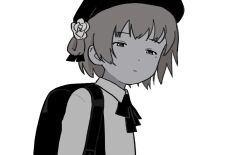 Rule 34 | 1girl, backpack, bag, beret, closed mouth, collared shirt, doppelschwert, floating hair, flower, from side, greyscale, hair flower, hair ornament, hair ribbon, half-closed eyes, hat, hatoba tsugu, looking at viewer, looking to the side, mole, mole under eye, monochrome, neck ribbon, randoseru, ribbon, rose, shirt, short hair, simple background, single hair ring, solo, tsugu (vtuber), upper body, virtual youtuber