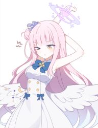 Rule 34 | 1girl, angel wings, armpits, arms behind head, arms up, bad id, bad twitter id, blue archive, dress, feathered wings, flower, hair bun, hair flower, hair ornament, hair scrunchie, halo, long hair, low wings, mika (blue archive), moa9mo9, pink hair, scrunchie, simple background, single side bun, sleeveless, sleeveless dress, solo, stretching, very long hair, white dress, white wings, wings, yellow eyes