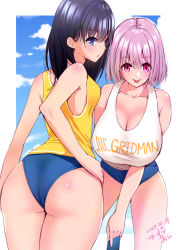 Rule 34 | 10s, 2girls, arm behind back, ass, back, bare shoulders, black hair, blue buruma, blue eyes, blue sky, border, breasts, buruma, card, cleavage, clothes writing, collarbone, copyright name, dated, gridman universe, hand on own hip, hanging breasts, highres, hip focus, huge breasts, leaning forward, light purple hair, long hair, looking at viewer, looking back, medium breasts, multiple girls, open mouth, parted lips, red eyes, shinjou akane, shirt, short hair, sky, ssss.gridman, takarada rikka, tank top, thighs, tongue, tongue out, white border, white shirt, yellow shirt, yuzuri ai