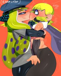Rule 34 | 2girls, absurdres, blush, english text, french kiss, hand on another&#039;s head, hat, highres, hug, inkling, inkling girl, inkling player character, kiss, long hair, looking at viewer, multiple girls, nintendo, open mouth, orange background, simple background, splatoon (series), surprised, tayuri, tongue, tongue out, trembling, yuri