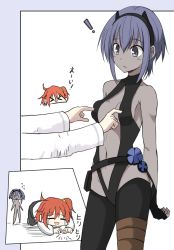 Rule 34 | 2girls, bare shoulders, black gloves, black pantyhose, blush, breasts, chibi, dark-skinned female, dark skin, fate/grand order, fate/prototype, fate/prototype: fragments of blue and silver, fate (series), fingerless gloves, fujimaru ritsuka (female), gloves, hair ornament, hair over one eye, hair scrunchie, hairband, hako roku, hassan of serenity (fate), looking at viewer, medium breasts, multiple girls, navel, nipple press, nipple stimulation, open mouth, orange hair, pantyhose, purple eyes, purple hair, scrunchie, short hair, side ponytail, smile