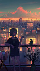 Rule 34 | 1girl, absurdres, alcohol, animal collar, backwards hat, balcony, bare legs, baseball cap, bird, black cat, bracelet, building, cat, champagne, champagne bottle, champagne flute, cityscape, cloud, collar, cup, drinking glass, folding table, hat, highres, holding, holding cup, jewelry, necklace, off shoulder, original, pasoputi, plant, planter, red collar, scenery, shirt, short hair, short sleeves, sky, skyscraper, smile, star (sky), starry sky, sunglasses, sunset, table, twilight