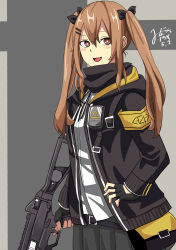 Rule 34 | 1girl, absurdres, armband, artist name, assault rifle, belt, black belt, black gloves, black jacket, black ribbon, black scarf, black skirt, blouse, closed mouth, commentary, dated, fingerless gloves, girls&#039; frontline, gloves, gun, hair ornament, hair ribbon, hairclip, hand on own hip, highres, holding, holding gun, holding weapon, hood, hood down, hooded jacket, jacket, long hair, long sleeves, looking at viewer, natsume mina, neck ribbon, pleated skirt, pouch, ribbon, rifle, scarf, shirt, signature, skirt, smile, solo, standing, trigger discipline, twintails, ump9 (girls&#039; frontline), weapon, white shirt