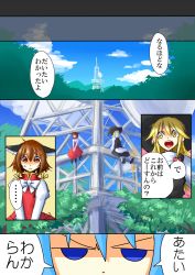Rule 34 | ..., black dress, blonde hair, blue eyes, blue hair, bow, broom, brown eyes, brown hair, cat teaser, chen, cirno, cloud, comic, commentary request, day, dress, hair bow, kirisame marisa, no headwear, no headwear, radio tower, red bow, red dress, sitting, sky, spoken ellipsis, touhou, translation request, tree, ura (05131), white bow, yellow eyes