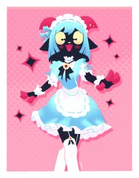 Rule 34 | 1girl, :d, anaxedraws, apron, black bow, black bowtie, black skin, bob cut, border, bow, bowtie, colored skin, dress, feet out of frame, frilled dress, frills, furry, furry female, garter straps, green dress, green hair, maid, maid headdress, open mouth, original, pink background, short sleeves, smile, solo, thighhighs, waist apron, white apron, white border, white thighhighs, wrist cuffs