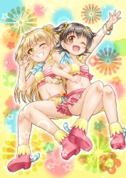 Rule 34 | 2girls, ;d, akagi miria, arm up, armpits, bare arms, bare shoulders, black hair, blonde hair, blush, boots, breasts, brown eyes, cleavage, collarbone, commentary request, floral background, green eyes, grin, hair between eyes, highres, idolmaster, idolmaster cinderella girls, jougasaki rika, locked arms, long hair, multiple girls, navel, one eye closed, open mouth, pikapikapop, red footwear, red skirt, regular mow, shoe soles, skirt, small breasts, smile, striped clothes, striped skirt, two side up, very long hair
