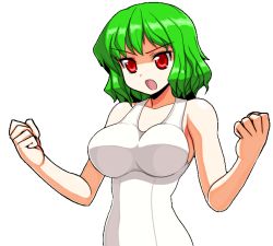 Rule 34 | 1girl, bad id, bad pixiv id, breasts, clenched hands, female focus, green hair, impossible clothes, impossible swimsuit, kazami yuuka, large breasts, mono (moiky), one-piece swimsuit, open mouth, red eyes, school swimsuit, short hair, solo, swimsuit, touhou, transparent background, white one-piece swimsuit, white school swimsuit