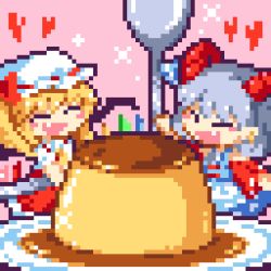 Rule 34 | 2girls, blonde hair, blue dress, closed eyes, commentary, crystal, curled horns, custard, dress, fang, flandre scarlet, food, grey hair, heart, holding, horns, kumamoto (bbtonhk2), lowres, multiple girls, open mouth, oversized food, oversized object, pink background, pixel art, plate, pointy ears, red horns, red sleeves, short hair, simple background, smile, spoon, star (symbol), symbol-only commentary, touhou, toutetsu yuuma, white headwear, wings