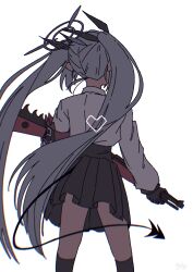 Rule 34 | 1girl, absurdres, black gloves, black skirt, black socks, blue archive, demon tail, facing away, feet out of frame, floating hair, from behind, gloves, grey hair, gun, hair ribbon, halo, heart, highres, holding, holding gun, holding weapon, iori (blue archive), kneehighs, legs apart, lone nape hair, long hair, long sleeves, pleated skirt, ribbon, rifle, shirt, simple background, skirt, socks, solo, standing, tail, twintails, very long hair, w wakase, weapon, white background, white shirt