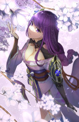 Rule 34 | 1girl, armor, braid, branch, breasts, bridal gauntlets, cleavage, commentary request, flower, genshin impact, hair ornament, highres, japanese clothes, kimono, large breasts, light particles, long hair, looking at viewer, mitsudomoe (shape), mole, mole under eye, nail polish, obi, obiage, obijime, okura shito, open mouth, purple eyes, purple flower, purple hair, purple nails, raiden shogun, ribbon, sash, shoulder armor, simple background, solo, tomoe (symbol), white flower