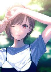 Rule 34 | 1girl, arm up, blue shirt, blurry, blurry background, brown eyes, brown hair, closed mouth, commentary, english commentary, fingers together, hair behind ear, highres, looking at viewer, one eye closed, original, shirt, short hair, short sleeves, sone (takahiro-osone), tank top
