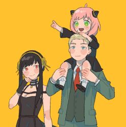 Rule 34 | 1boy, 2girls, ahoge, anya (spy x family), black dress, black hair, black sleeves, blonde hair, blue eyes, blush, breasts, carrying, child, cleavage, collared shirt, dou (mame eee), dress, flower, formal, gold hairband, green eyes, green suit, hair flower, hair ornament, hairband, hairpods, hand on another&#039;s head, hand to own mouth, highres, long hair, medium breasts, multiple girls, necktie, open mouth, piggyback, pink hair, red eyes, red necktie, shirt, sidelocks, smile, spy x family, suit, twilight (spy x family), upper body, waistcoat, white shirt, yellow background, yor briar