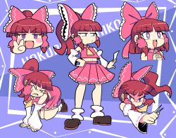 Rule 34 | + +, 1girl, all fours, ascot, blue background, blunt bangs, border, bow, brown footwear, card, character name, closed mouth, commentary, detached sleeves, english commentary, frilled bow, frilled hair tubes, frilled skirt, frills, hair bow, hair tubes, hakurei reimu, hand on own hip, highres, holding, holding card, holding weapon, inset border, japanese clothes, long hair, looking at viewer, looking to the side, loose socks, miko, multiple views, navel, one eye closed, open mouth, own hands together, partially shaded face, pleated skirt, ponytail, purple eyes, quarium, red bow, red hair, red skirt, shoes, skirt, smile, socks, solo, standing, teeth, toon (style), touhou, upper teeth only, v, weapon, white border, white socks, yellow ascot