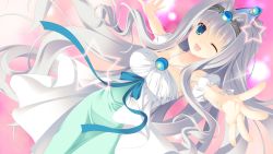 Rule 34 | 1girl, blue eyes, diana lanford, dress, female focus, game cg, hair ornament, long hair, looking at viewer, magical dears, one eye closed, open mouth, outstretched arms, silver hair, solo, spread arms, star (symbol), wink