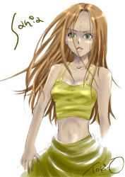 Rule 34 | 1girl, arc the lad, arc the lad ii, bare shoulders, brown hair, green eyes, long hair, mame (artist), midriff, sania, sania (arc the lad), simple background, solo, tank top