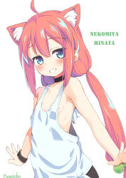 Rule 34 | 1girl, ahoge, animal ear fluff, animal ears, areola slip, artist name, bare arms, bare shoulders, bike shorts, black shorts, blue eyes, blush, cat ears, character name, commentary request, flat chest, grin, hair between eyes, hair bobbles, hair ornament, highres, hinata channel, long hair, looking at viewer, low twintails, nekomiya hinata, pink hair, pizanuko, shirt, shorts, sidelocks, simple background, smile, solo, tank top, twintails, very long hair, virtual youtuber, white background, white shirt