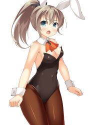 Rule 34 | 10s, 1girl, animal ears, aqua eyes, ascot, bad id, bad pixiv id, bare shoulders, breasts, brown hair, brown pantyhose, cleavage, detached collar, fake animal ears, hair ornament, kankitsunabe (citrus), kantai collection, kumano (kancolle), leotard, long hair, medium breasts, open mouth, pantyhose, playboy bunny, ponytail, rabbit ears, solo, wrist cuffs