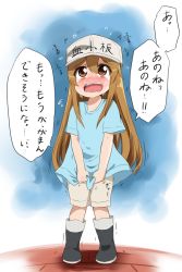 Rule 34 | 1girl, black footwear, blue background, blue shirt, blush, boots, brown hair, brown shorts, child, clothes writing, embarrassed, f09fa4aa, female focus, flat chest, flying sweatdrops, full body, hat, hataraku saibou, have to pee, highres, japanese text, knees together feet apart, long hair, nose blush, open mouth, orange eyes, platelet (hataraku saibou), shirt, short sleeves, shorts, simple background, solo, speech bubble, standing, sweat, talking, tears, teeth, text focus, translation request, trembling, wavy mouth
