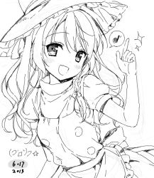 Rule 34 | 1girl, bad drawr id, bad id, blush, braid, chiyingzai, dated, drawr, fang, greyscale, hat, index finger raised, kirisame marisa, long hair, looking at viewer, monochrome, musical note, oekaki, open mouth, pointing, pointing up, puffy sleeves, side braid, signature, smile, solo, sparkle, spoken musical note, touhou, witch hat