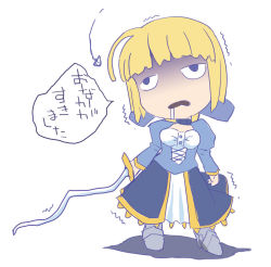 Rule 34 | 1girl, ^^^, ahoge, armored boots, arrow (symbol), blonde hair, blue dress, blue eyes, boots, chibi, chibi only, collar, dress, drooling, fate/stay night, fate (series), hirose madoka, holding, holding sword, holding weapon, japanese text, long skirt, parody, sader, shadow, sidelocks, simple background, skirt, solo, speech bubble, sword, translated, weapon, white background