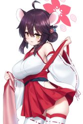 Rule 34 | 1girl, ahoge, animal ears, azure-maya, black hair, blue archive, breasts, detached sleeves, hair between eyes, hair bun, hair ornament, hakama, halo, highres, holding, japanese clothes, kaede (blue archive), kimono, large breasts, looking at viewer, red hakama, simple background, solo, thighhighs, white background, white kimono, white thighhighs, wide sleeves, yellow eyes