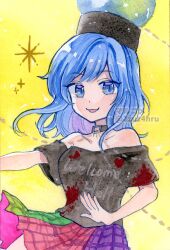 Rule 34 | 1girl, 2zuz4hru, :d, bare shoulders, black shirt, blue eyes, blue hair, blue skirt, breasts, clothes writing, collarbone, commentary request, cowboy shot, earth (ornament), green skirt, hecatia lapislazuli, hecatia lapislazuli (earth), highres, looking at viewer, medium hair, miniskirt, off-shoulder shirt, off shoulder, open mouth, painting (medium), parted lips, plaid, plaid skirt, pleated skirt, red skirt, shirt, short sleeves, simple background, skirt, small breasts, smile, solo, touhou, traditional media, watercolor (medium), yellow background