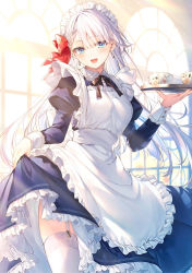 Rule 34 | 1girl, apron, black ribbon, blue eyes, breasts, earrings, frilled shirt, frilled skirt, frills, garter straps, groin, hair ornament, hand up, highres, holding, indoors, jewelry, long hair, looking at viewer, maid, maid apron, maid headdress, neck ribbon, open mouth, ribbon, riselia ray crystalia, seiken gakuin no maken tsukai, shirt, sidelocks, skirt, smile, solo, thighhighs, toosaka asagi, very long hair, white hair, white thighhighs, window