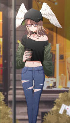 Rule 34 | 1girl, absurdres, alternate costume, baseball cap, black shirt, blue eyes, brown hair, casual clothes, cup, denim, eunie (xenoblade), hat, head wings, highres, jeans, mebi il, outdoors, pants, ripped jeans, shirt, solo, sunglasses, torn clothes, torn jeans, torn legwear, torn pants, wings, xenoblade chronicles (series), xenoblade chronicles 3