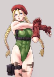 Rule 34 | 1girl, abs, absurdres, beret, blonde hair, bodypaint, braid, breasts, cammy white, chest harness, facial scar, fingerless gloves, gloves, green leotard, hair between eyes, harness, hat, heattech leotard, highleg, highleg leotard, highres, holster, leotard, long hair, low twintails, macosee, medium breasts, open mouth, red gloves, red hat, scar, scar on cheek, scar on face, sleeveless, sleeveless turtleneck, solo, street fighter, street fighter 6, teeth, thigh holster, turtleneck, twin braids, twintails, upper teeth only