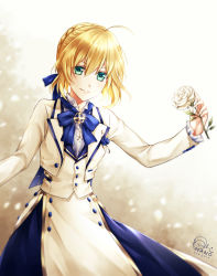 Rule 34 | 1girl, 2018, adapted costume, ahoge, artoria pendragon (all), artoria pendragon (fate), bambi nano, blonde hair, blue bow, blue ribbon, bow, bowtie, fate/stay night, fate (series), floating hair, green eyes, hair between eyes, hair ribbon, highres, jacket, long skirt, pixiv fate/grand order contest 2, ribbon, saber (fate), short hair, signature, skirt, smile, solo, standing, white background, white jacket