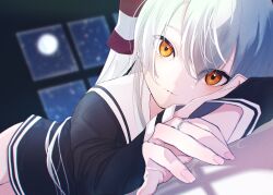Rule 34 | 1girl, absurdres, amatsukaze (kancolle), black dress, blurry, blurry background, blush, dress, fang, full moon, hair between eyes, hair tubes, highres, indoors, jewelry, kahlumi, kantai collection, long hair, long sleeves, looking at viewer, lying, moon, night, on stomach, orange eyes, ring, sailor collar, sailor dress, skin fang, solo, sparkle, star (sky), very long hair, wedding ring, white hair, white sailor collar, window