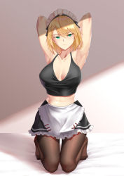Rule 34 | 1girl, abs, absurdres, apron, aqua eyes, armpits, arms behind head, bed sheet, black pantyhose, blonde hair, braid, braided bangs, breasts, c.rabbit, collarbone, expressionless, g36 (girls&#039; frontline), g36 (mod3) (girls&#039; frontline), girls&#039; frontline, hair between eyes, head tilt, highres, kneeling, looking at viewer, maid, maid apron, maid headdress, medium breasts, midriff, mod3 (girls&#039; frontline), navel, no shoes, pantyhose, sidelocks, solo, stomach, tank top, toned, waist apron