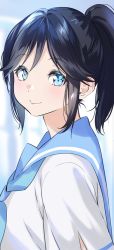 Rule 34 | 1girl, bad id, bad pixiv id, black hair, blue eyes, blue neckerchief, blue sailor collar, blush, closed mouth, commentary request, from side, hibike! euphonium, high ponytail, highres, kasaki nozomi, liz to aoi tori, long hair, looking at viewer, looking to the side, mery (yangmalgage), neckerchief, ponytail, sailor collar, school uniform, serafuku, sidelocks, smile, solo, upper body
