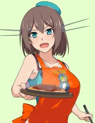Rule 34 | 10s, 1girl, :d, apron, atago (kancolle), bare shoulders, beret, blue eyes, blush, breasts, brown hair, character print, clothes writing, collarbone, eyebrows, food, hair between eyes, hair ornament, hairclip, hat, headgear, holding, kantai collection, large breasts, looking at viewer, maya (kancolle), noodles, open mouth, short hair, simple background, sleeveless, smile, solo, takaman (gaffe), tray, upper body, x hair ornament