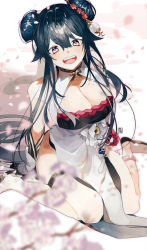 Rule 34 | 1girl, alchemy stars, black hair, breasts, cherry blossoms, china dress, chinese clothes, cleavage, double bun, dress, fingerless gloves, flower, gloves, hair bun, hair ornament, highres, large breasts, long hair, looking at viewer, open mouth, pink eyes, side slit, sitting, smile, solo, thigh strap, thighs, very long hair, white dress, yao (alchemy stars)
